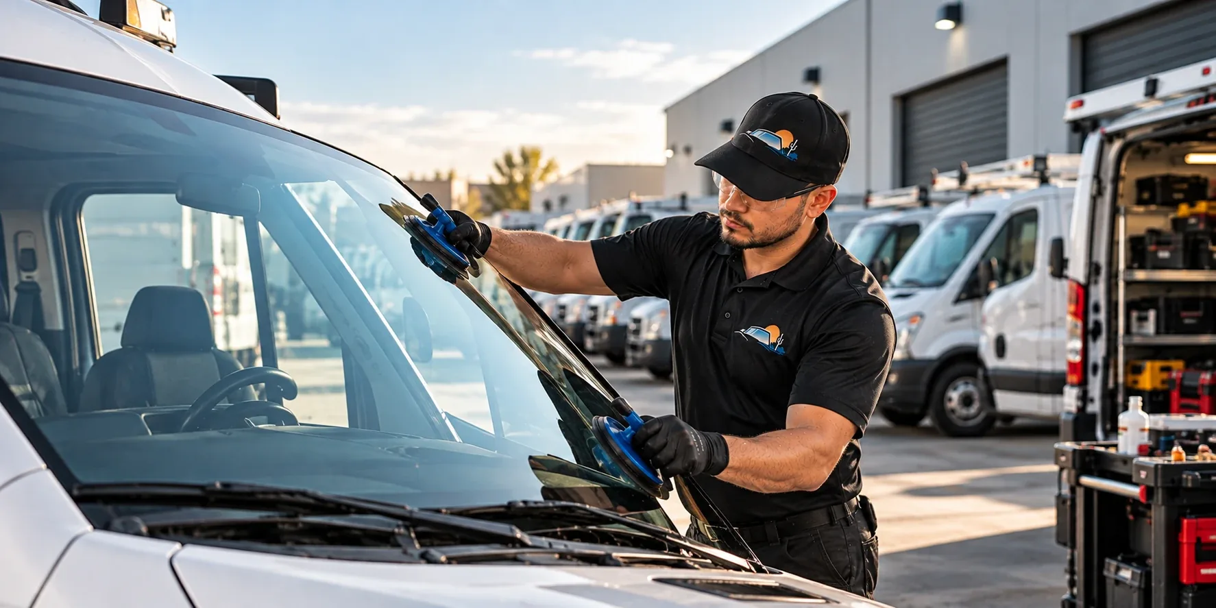 Auto Glass of San Rafael technician replacing the windshield on a commercial work van at a fleet yard