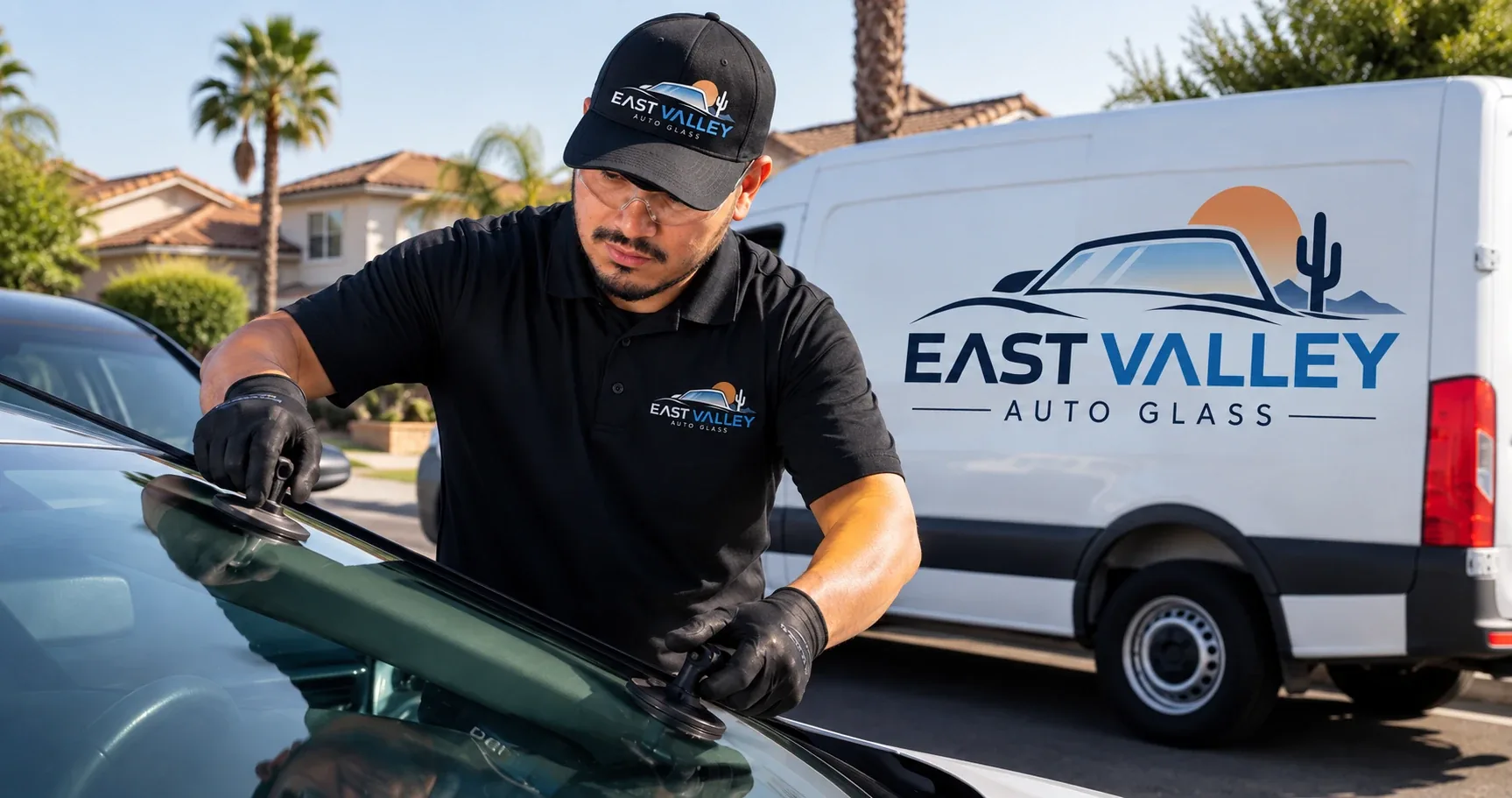 Auto Glass of San Rafael technician setting a windshield in a San Rafael driveway, with the mobile service van behind him
